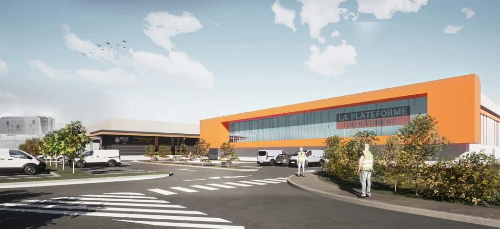 Complexe commercial moderne avec LA PLATEFORME DU BÂTIMENT (orange) et KÉLOUTOU affichant 'Enlèvement Express'. Parking, vans, deux hommes en gilets jaunes.